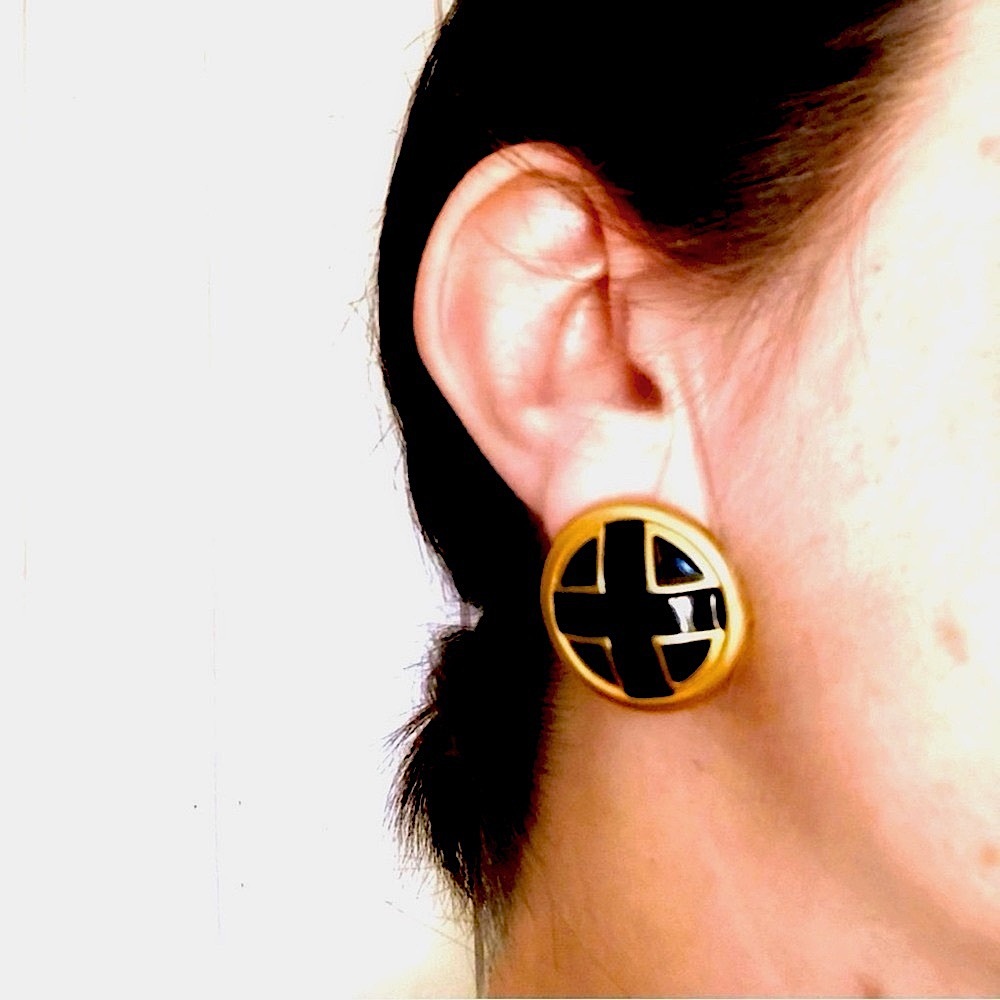 Vintage AK Anne Klein Black Onyx Gold Enamel Dome Post Earrings